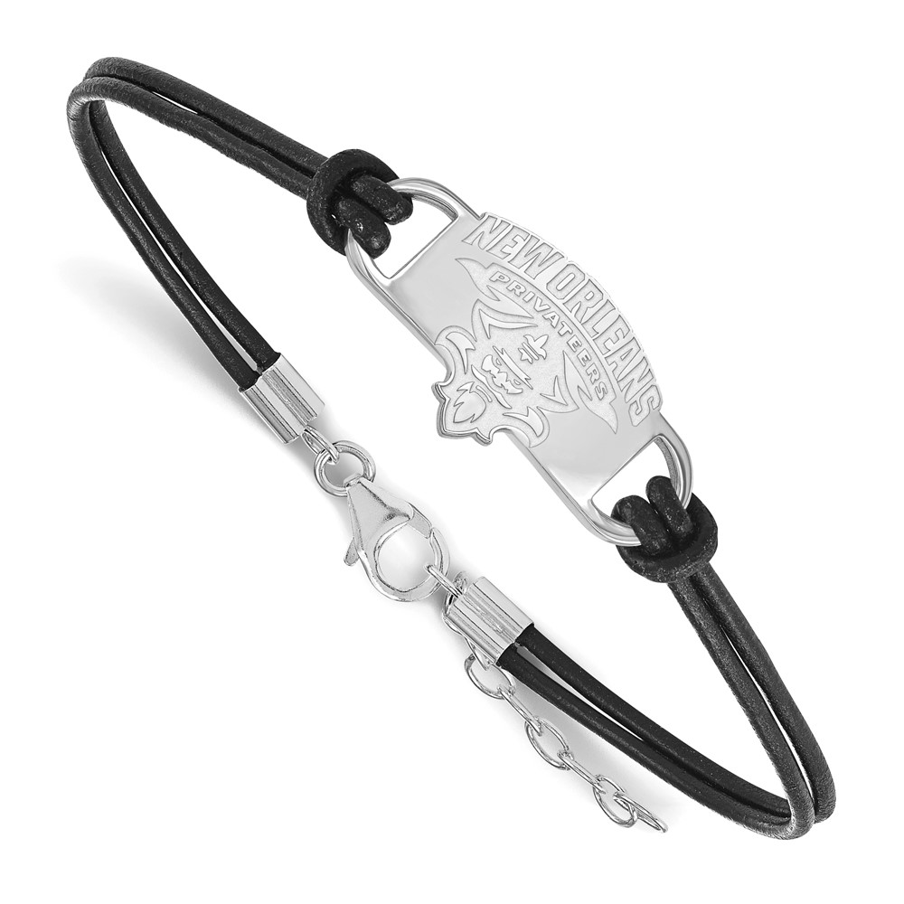Sterling Silver Rhodium-plated LogoArt University of New Orleans U-n-o Small Center Black Leather Bracelet with Extender, 7"