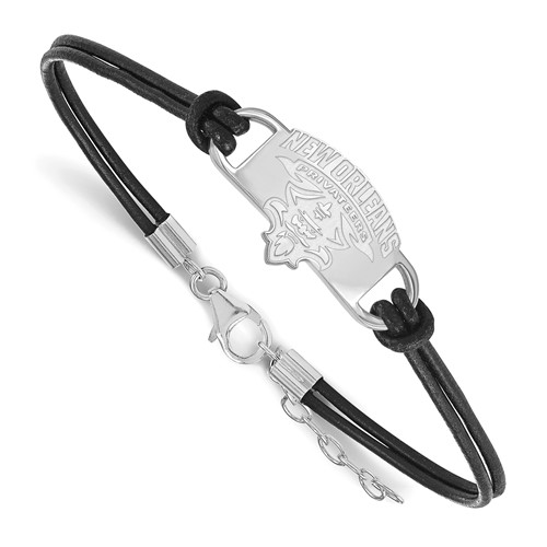 Sterling Silver Rhodium-plated LogoArt University of New Orleans U-n-o Small Center Black Leather Bracelet with Extender, 7"
