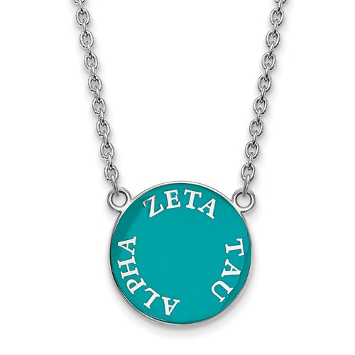 Sterling Silver Rhodium-plated LogoArt Zeta Tau Alpha Sorority Text Large Color Enamel Pendant Necklace, 18"