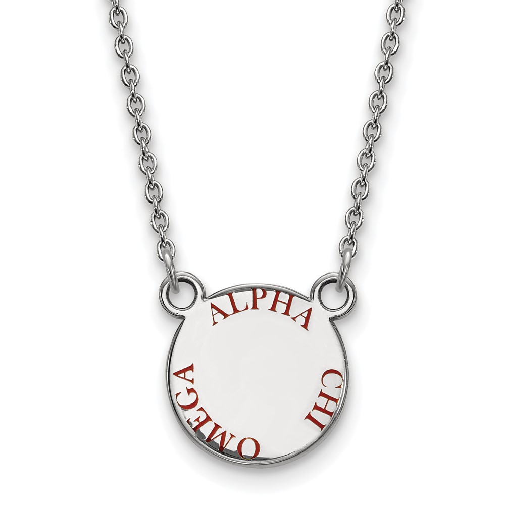 Sterling Silver Rhodium-plated LogoArt Alpha Chi Omega Sorority Text Small Color Enamel Pendant Necklace, 18"