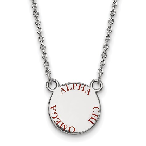 Sterling Silver Rhodium-plated LogoArt Alpha Chi Omega Sorority Text Small Color Enamel Pendant Necklace, 18"