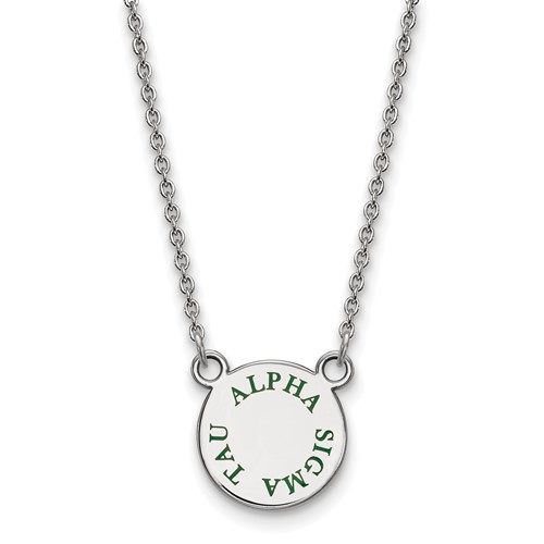 Sterling Silver Rhodium-plated LogoArt Alpha Sigma Tau Sorority Text Small Color Enamel Pendant Necklace, 18"