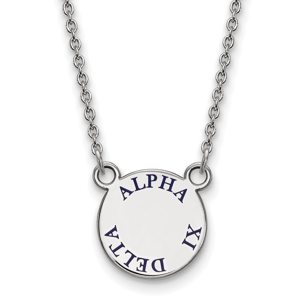 Sterling Silver Rhodium-plated LogoArt Alpha Xi Delta Sorority Text Small Color Enamel Pendant Necklace, 18"