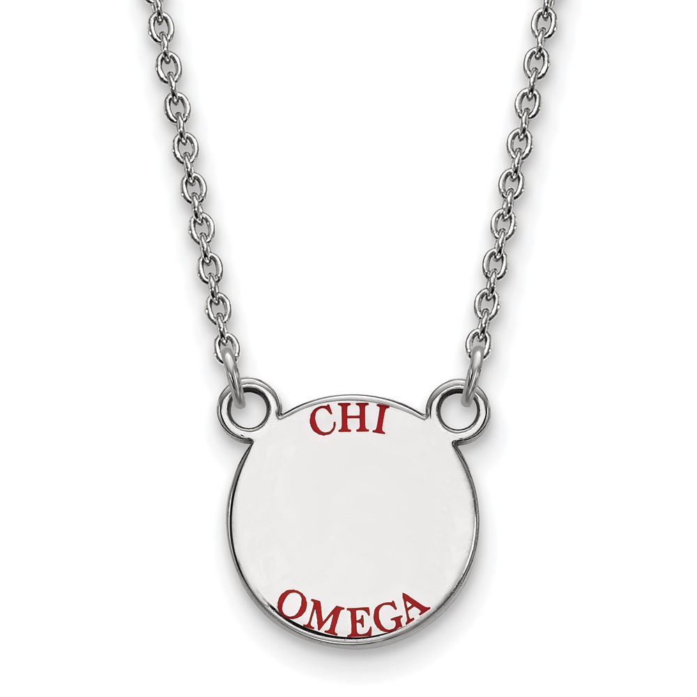 Sterling Silver Rhodium-plated LogoArt Chi Omega Sorority Text Small Color Enamel Pendant Necklace, 18"