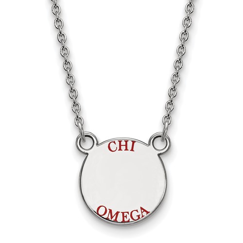 Sterling Silver Rhodium-plated LogoArt Chi Omega Sorority Text Small Color Enamel Pendant Necklace, 18"