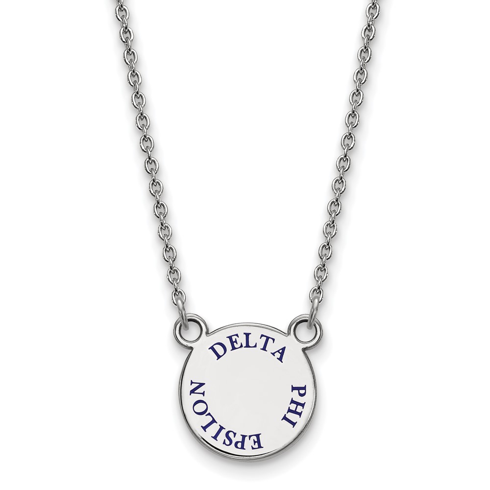 Sterling Silver Rhodium-plated LogoArt Delta Phi Epsilon Sorority Text Small Color Enamel Pendant Necklace, 18"