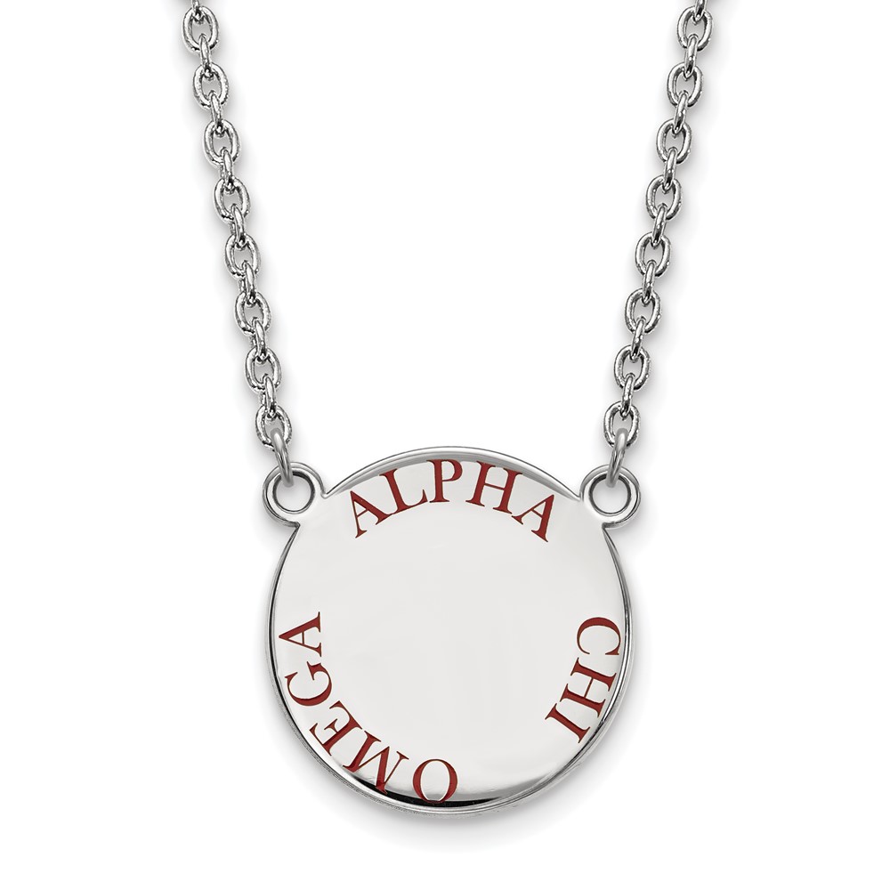 Sterling Silver Rhodium-plated LogoArt Alpha Chi Omega Sorority Text Large Color Enamel Pendant Necklace, 18"
