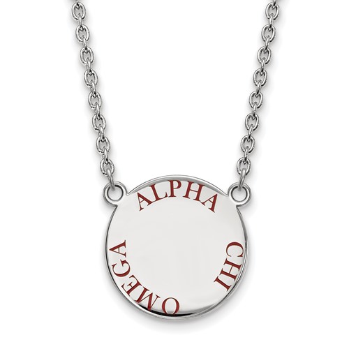 Sterling Silver Rhodium-plated LogoArt Alpha Chi Omega Sorority Text Large Color Enamel Pendant Necklace, 18"