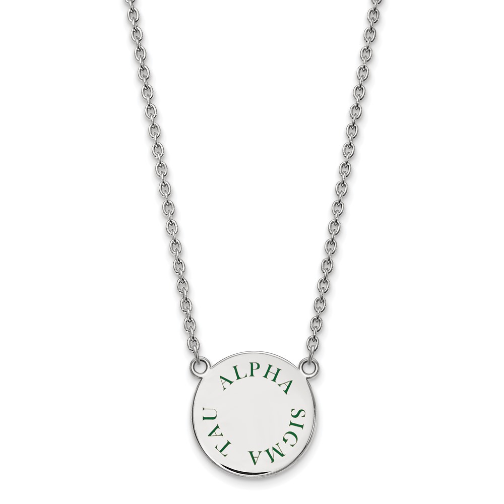Sterling Silver Rhodium-plated LogoArt Alpha Sigma Tau Sorority Text Large Color Enamel Pendant Necklace, 18"