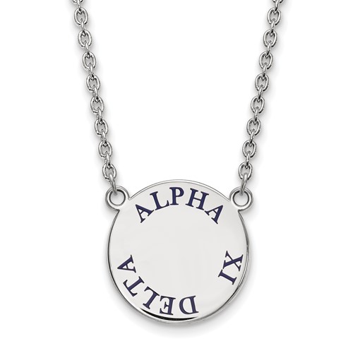 Sterling Silver Rhodium-plated LogoArt Alpha Xi Delta Sorority Text Large Color Enamel Pendant Necklace, 18"