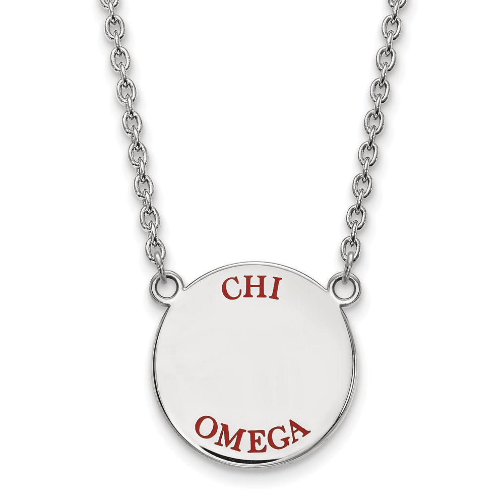 Sterling Silver Rhodium-plated LogoArt Chi Omega Sorority Text Large Color Enamel Pendant Necklace, 18"