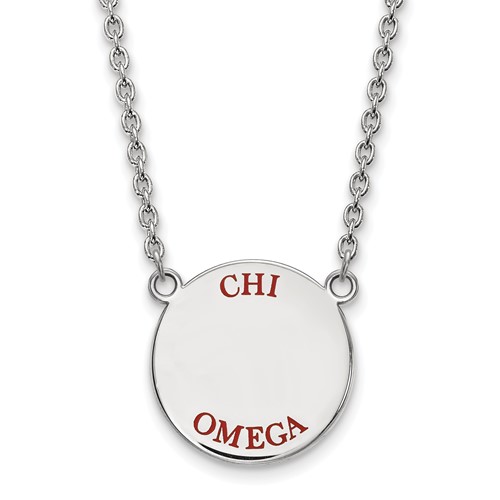 Sterling Silver Rhodium-plated LogoArt Chi Omega Sorority Text Large Color Enamel Pendant Necklace, 18"