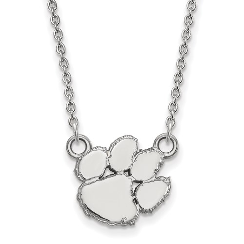 Sterling Silver Rhodium-plated LogoArt Clemson University Tiger Paw Small Pendant Necklace, 18"