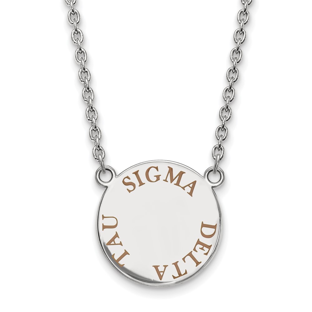 Sterling Silver Rhodium-plated LogoArt Sigma Delta Tau Sorority Text Large Color Enamel Pendant Necklace, 18"