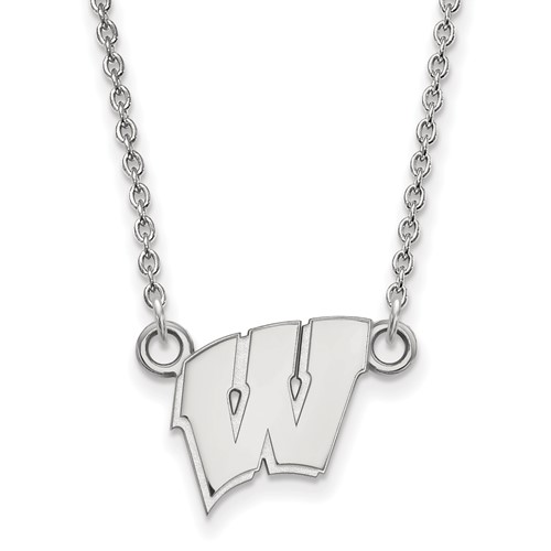 Sterling Silver Rhodium-plated LogoArt University of Wisconsin Letter W Small Pendant Necklace, 18"