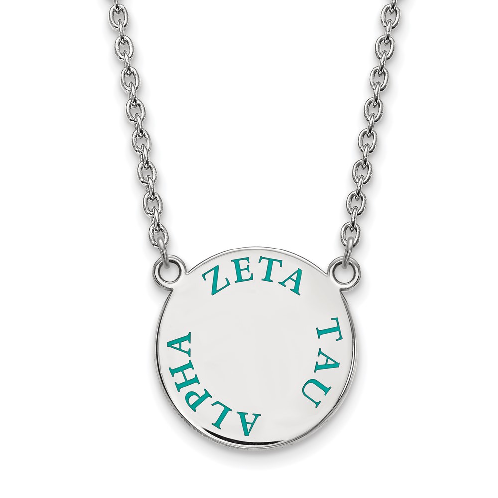 Sterling Silver Rhodium-plated LogoArt Zeta Tau Alpha Sorority Text Large Color Enamel Pendant Necklace, 18"