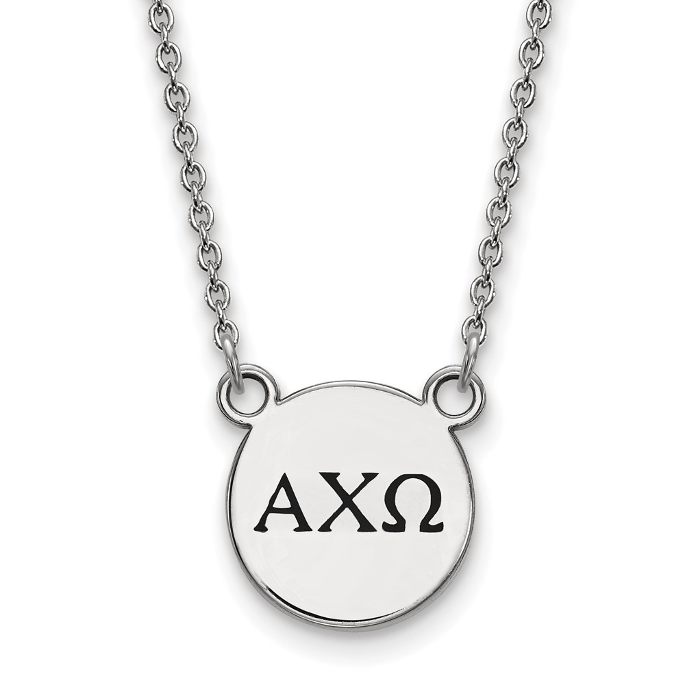 Sterling Silver Rhodium-plated LogoArt Alpha Chi Omega Sorority Greek Letters Small Black Enamel Pendant Necklace, 18"