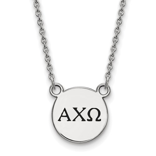 Sterling Silver Rhodium-plated LogoArt Alpha Chi Omega Sorority Greek Letters Small Black Enamel Pendant Necklace, 18"