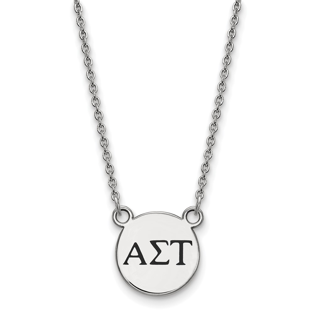 Sterling Silver Rhodium-plated LogoArt Alpha Sigma Tau Sorority Greek Letters Small Black Enamel Pendant Necklace, 18"