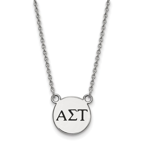 Sterling Silver Rhodium-plated LogoArt Alpha Sigma Tau Sorority Greek Letters Small Black Enamel Pendant Necklace, 18"