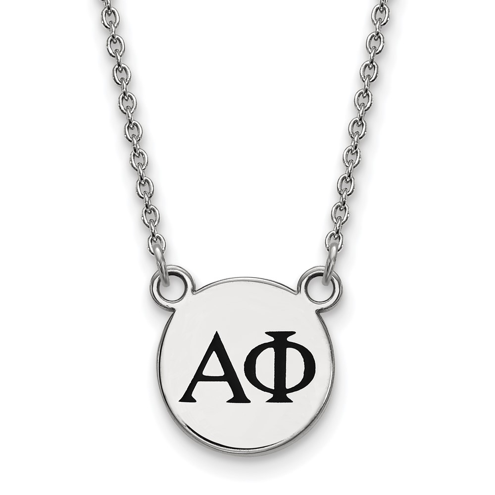 Sterling Silver Rhodium-plated LogoArt Alpha Phi Sorority Greek Letters Small Black Enamel Pendant Necklace, 18"