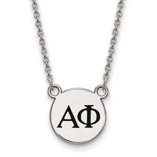 Sterling Silver Rhodium-plated LogoArt Alpha Phi Sorority Greek Letters Small Black Enamel Pendant Necklace, 18"