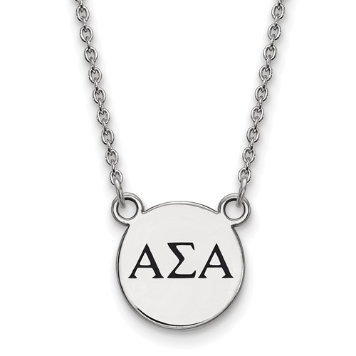 Sterling Silver Rhodium-plated LogoArt Alpha Sigma Alpha Sorority Greek Letters Small Black Enamel Pendant Necklace, 18"