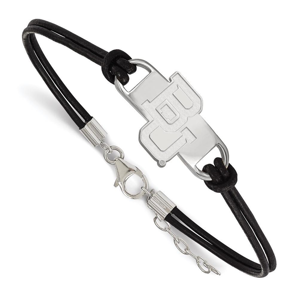 Sterling Silver Rhodium-plated LogoArt Baylor University Bears Small Center Black Leather Bracelet with Extender, 7"