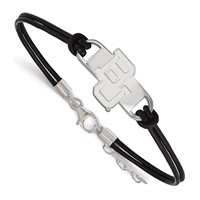 Sterling Silver Rhodium-plated LogoArt Baylor University Bears Small Center Black Leather Bracelet with Extender, 7" view 1