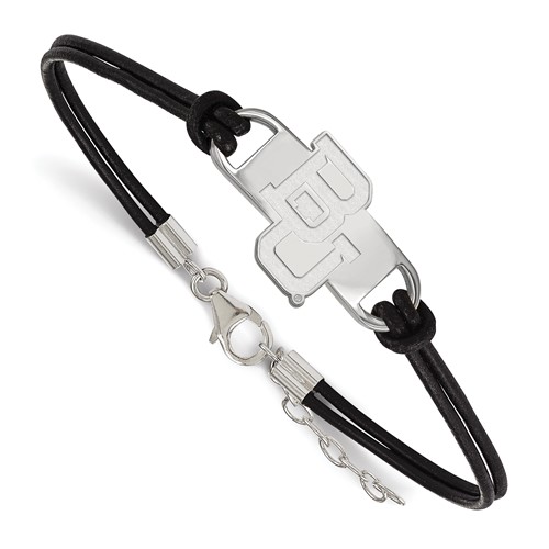 Sterling Silver Rhodium-plated LogoArt Baylor University Bears Small Center Black Leather Bracelet with Extender, 7"