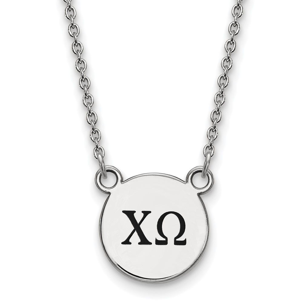 Sterling Silver Rhodium-plated LogoArt Chi Omega Sorority Greek Letters Small Black Enamel Pendant Necklace, 18"