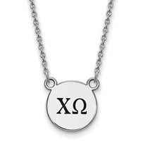 Sterling Silver Rhodium-plated LogoArt Chi Omega Sorority Greek Letters Small Black Enamel Pendant Necklace, 18" view 1