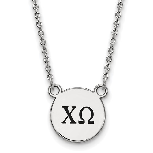 Sterling Silver Rhodium-plated LogoArt Chi Omega Sorority Greek Letters Small Black Enamel Pendant Necklace, 18"