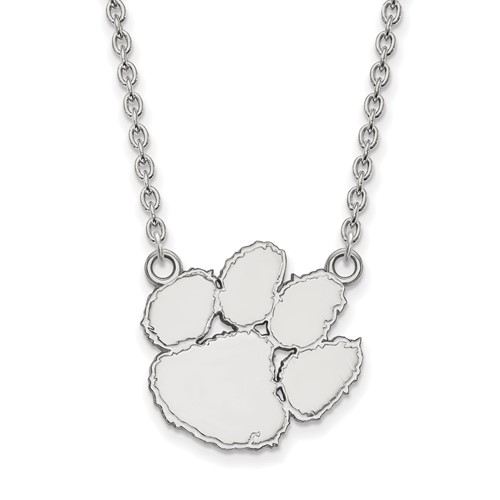Sterling Silver Rhodium-plated LogoArt Clemson University Tiger Paw Large Pendant Necklace, 18"