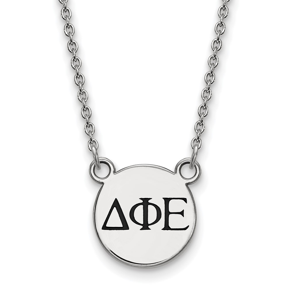 Sterling Silver Rhodium-plated LogoArt Delta Phi Epsilon Sorority Greek Letters Small Black Enamel Pendant Necklace, 18"