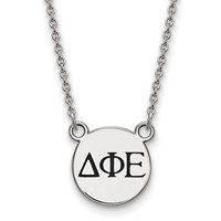 Sterling Silver Rhodium-plated LogoArt Delta Phi Epsilon Sorority Greek Letters Small Black Enamel Pendant Necklace, 18" view 1
