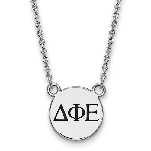 Sterling Silver Rhodium-plated LogoArt Delta Phi Epsilon Sorority Greek Letters Small Black Enamel Pendant Necklace, 18"