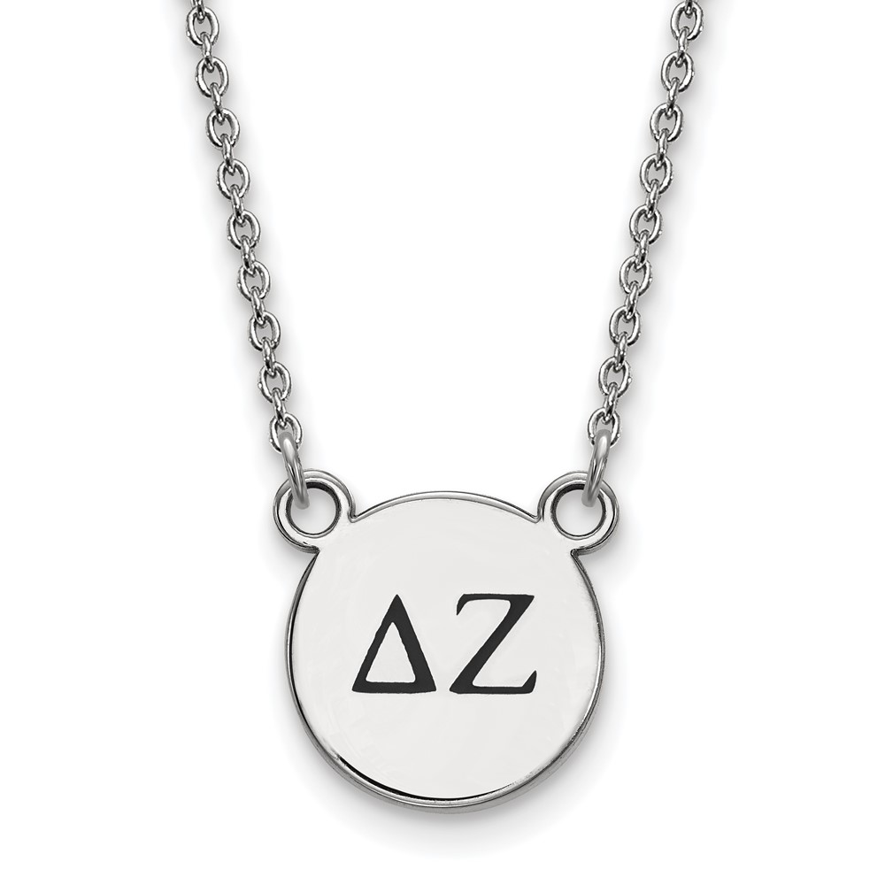 Sterling Silver Rhodium-plated LogoArt Delta Zeta Sorority Greek Letters Small Black Enamel Pendant Necklace, 18"