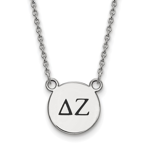 Sterling Silver Rhodium-plated LogoArt Delta Zeta Sorority Greek Letters Small Black Enamel Pendant Necklace, 18"