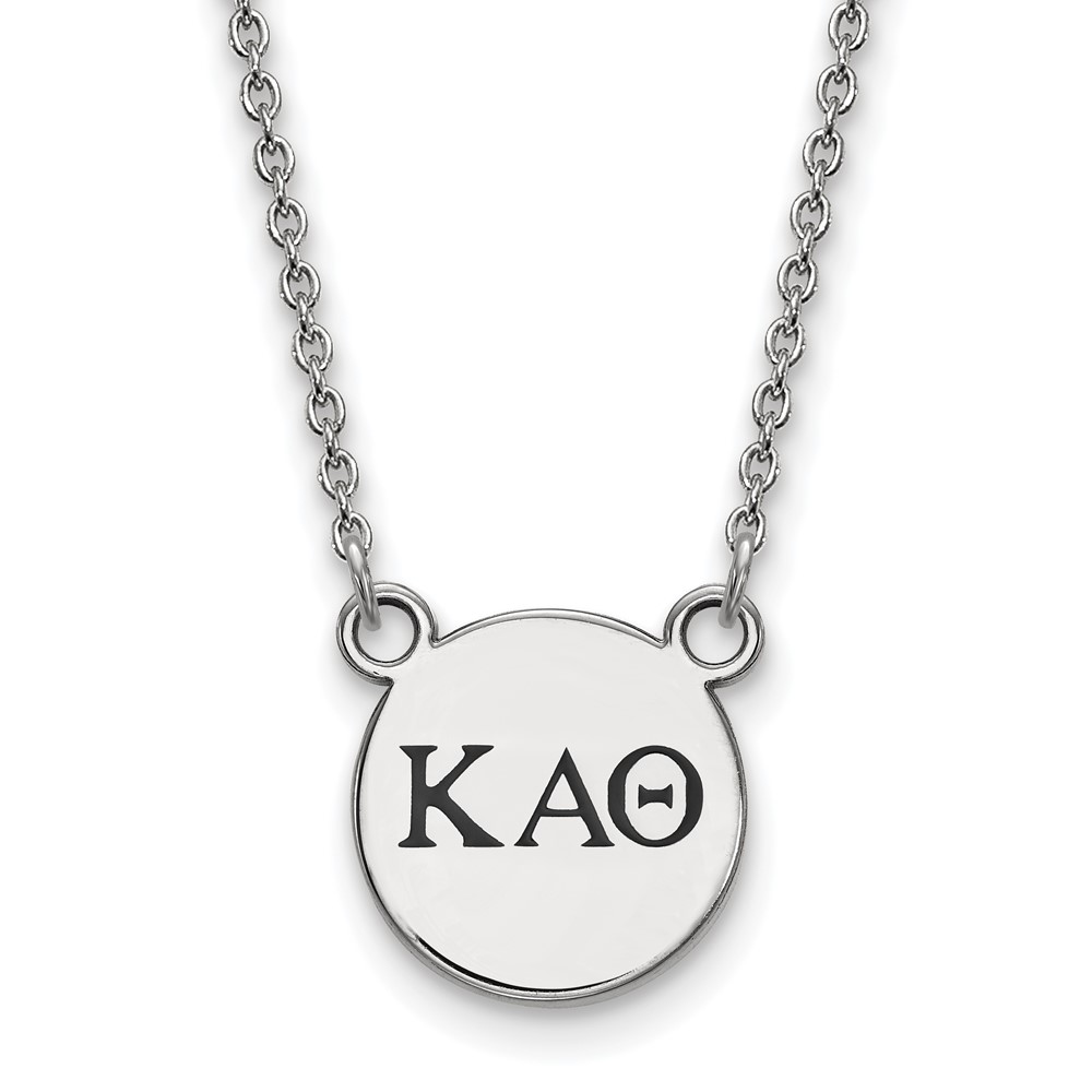 Sterling Silver Rhodium-plated LogoArt Kappa Alpha Theta Sorority Greek Letters Small Black Enamel Pendant Necklace, 18"