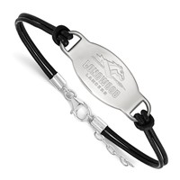 Sterling Silver Rhodium-plated LogoArt Longwood University Lancers Black Leather Bracelet with Extender, 7" view 1