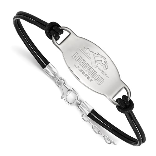 Sterling Silver Rhodium-plated LogoArt Longwood University Lancers Black Leather Bracelet with Extender, 7"