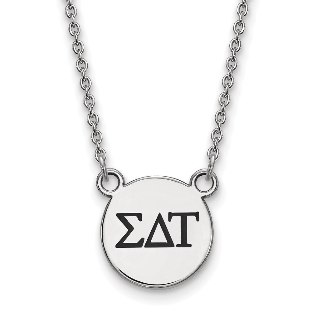 Sterling Silver Rhodium-plated LogoArt Sigma Delta Tau Sorority Greek Letters Small Black Enamel Pendant Necklace, 18"