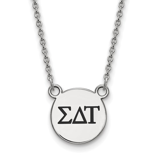 Sterling Silver Rhodium-plated LogoArt Sigma Delta Tau Sorority Greek Letters Small Black Enamel Pendant Necklace, 18"