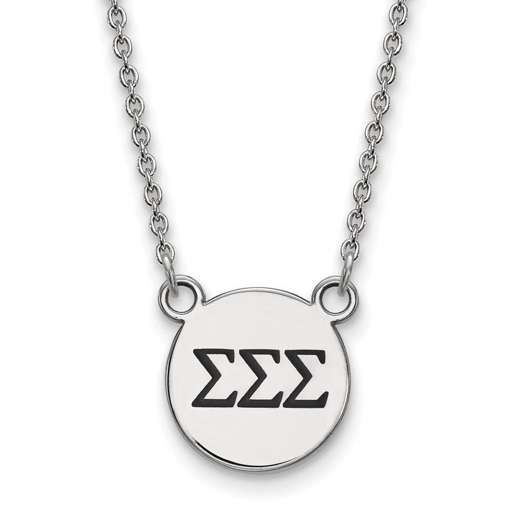 Sterling Silver Rhodium-plated LogoArt Sigma Sigma Sigma Sorority Greek Letters Small Black Enamel Pendant Necklace, 18"