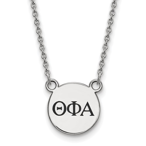 Sterling Silver Rhodium-plated LogoArt Theta Phi Alpha Sorority Greek Letters Small Black Enamel Pendant Necklace, 18"