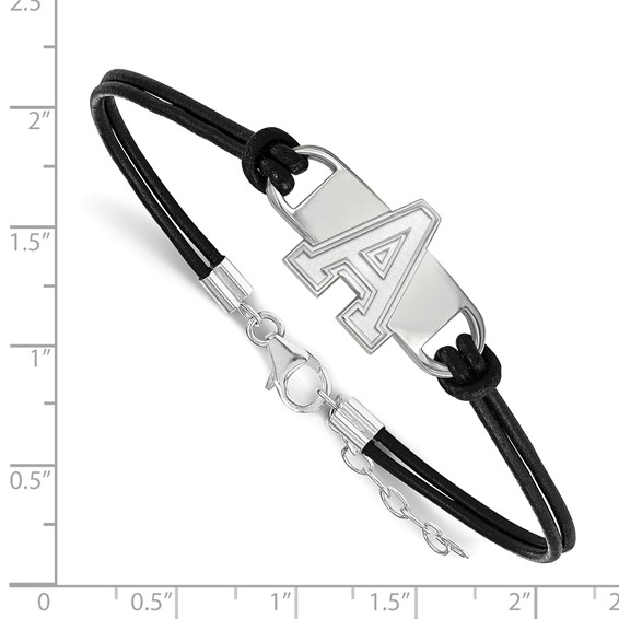 Sterling Silver Rhodium-plated LogoArt U.S. Military Academy Letter A Small Center Black Leather 7 inch Bracelet with Extender