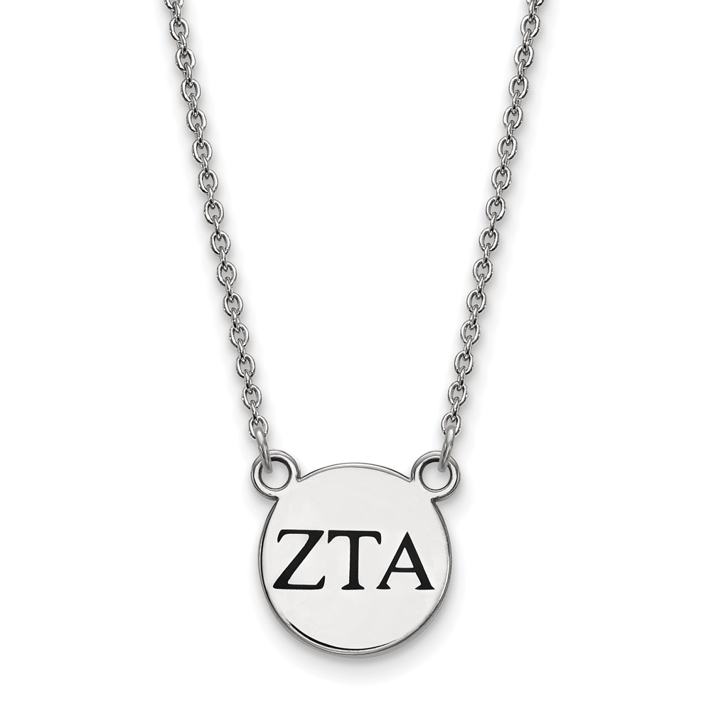 Sterling Silver Rhodium-plated LogoArt Zeta Tau Alpha Sorority Greek Letters Small Black Enamel Pendant Necklace, 18"