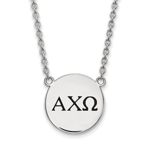 Sterling Silver Rhodium-plated LogoArt Alpha Chi Omega Sorority Greek Letters Large Black Enamel Pendant Necklace, 18"