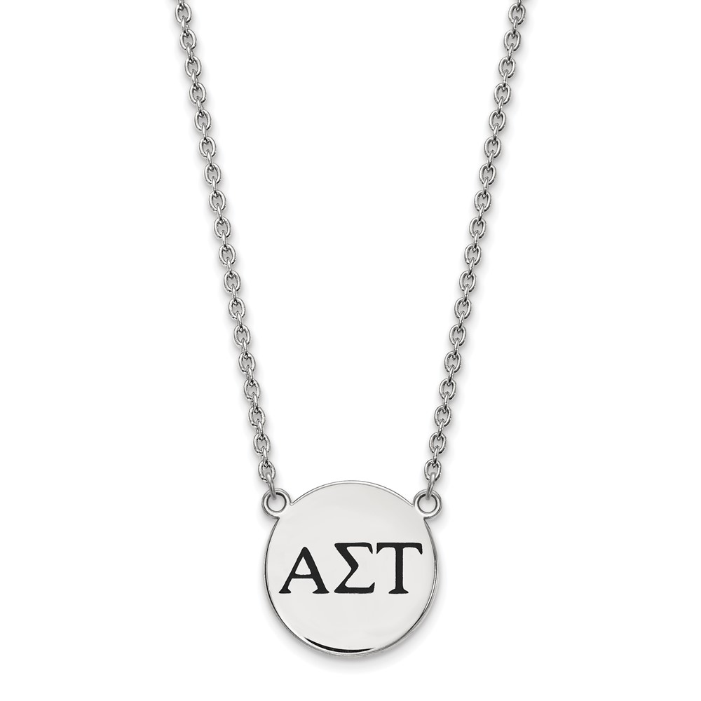 Sterling Silver Rhodium-plated LogoArt Alpha Sigma Tau Sorority Greek Letters Large Black Enamel Pendant Necklace, 18"